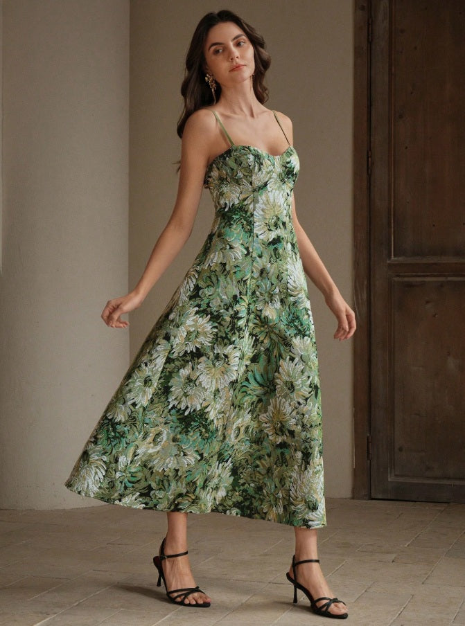 Vestido verde estilo boheme con estampado completo