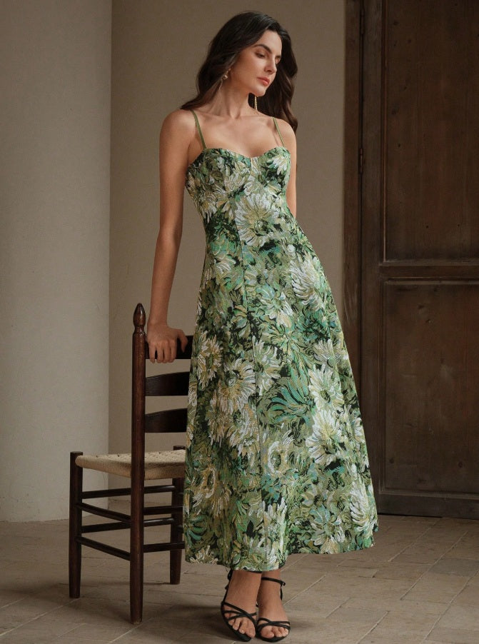 Vestido verde estilo boheme con estampado completo