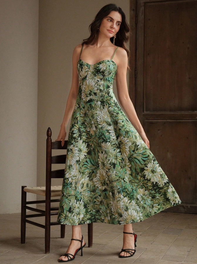 Vestido verde estilo boheme con estampado completo