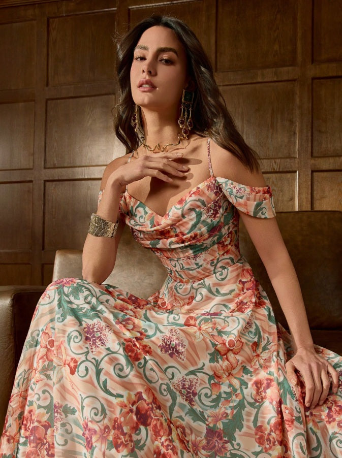 Vestido largo de noche Elizabeth Bennet con hombros descubiertos