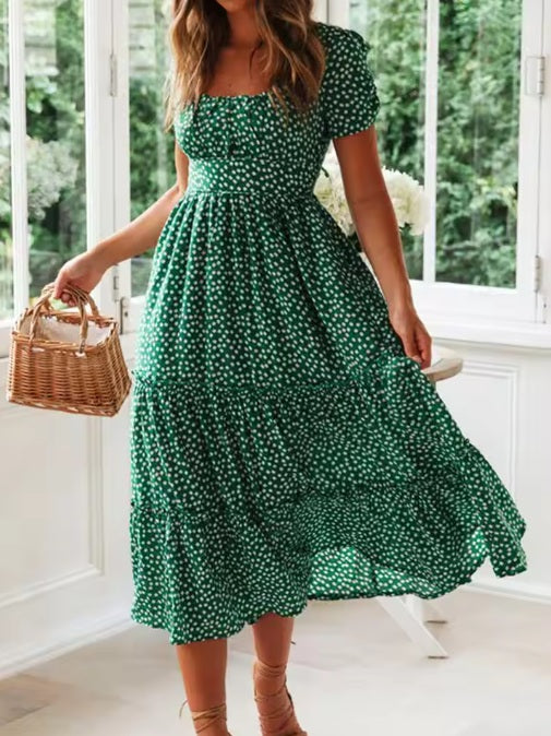 Vestido verde largo de mangas tipo tulipán