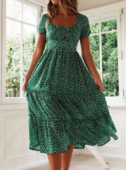 Vestido verde largo de mangas tipo tulipán
