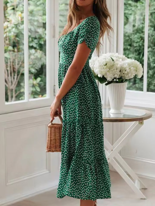 Vestido verde largo de mangas tipo tulipán