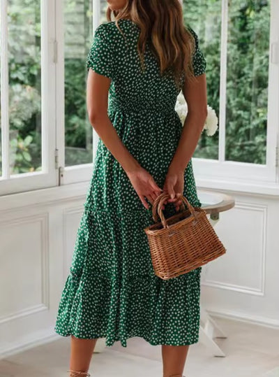 Vestido verde largo de mangas tipo tulipán