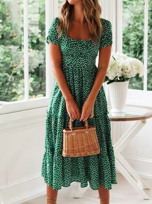 Vestido verde largo de mangas tipo tulipán